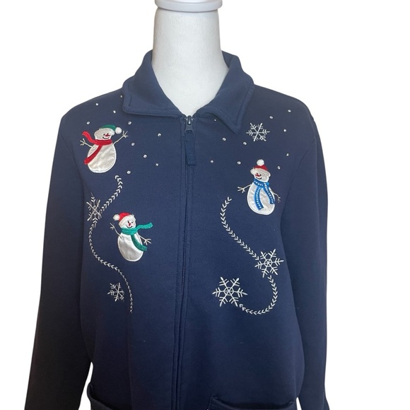 Breckenridge Petite Blue Snowman Button Front Cardigan Large Winter Holiday Warm - Picture 2 of 11